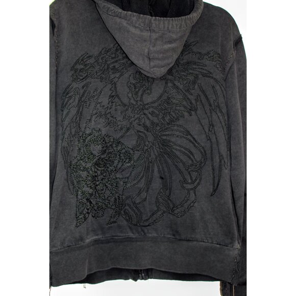 BLU LAW VTG Mens Small Grey Hoodie Embroidered Affliction Style Y2K Distressed - Picture 3 of 4